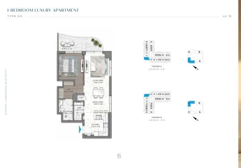 DAMAC Sorrento One Bedroom Type D3 apartment floor plan in Tower D for floors 3 and 6.
