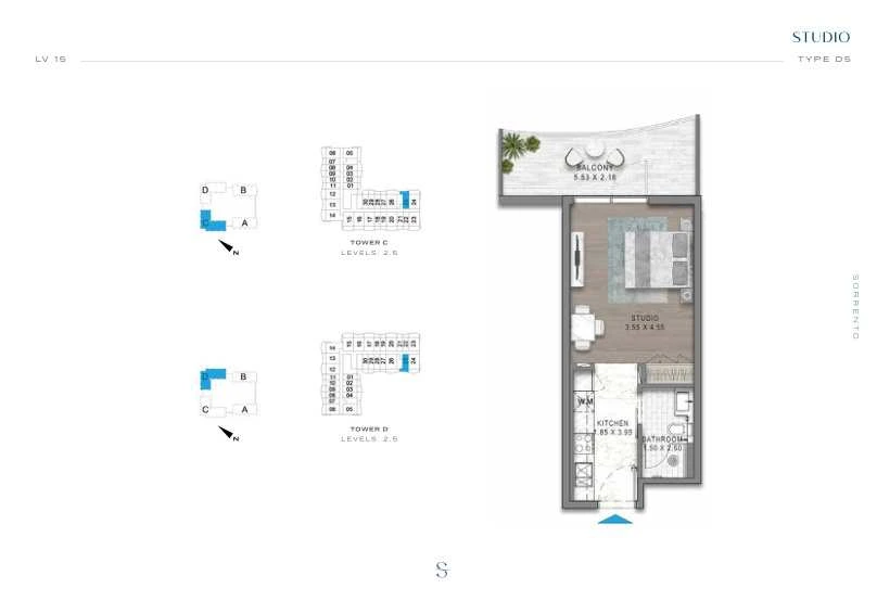 DAMAC Sorrento Studio Type D5 apartment floor plan in Tower D for floors 2 and 5.