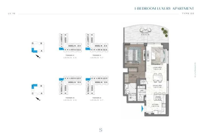 DAMAC Sorrento One Bedroom Type D2 apartment floor plan in Tower C for floors 2, 4, 5 and 7.
