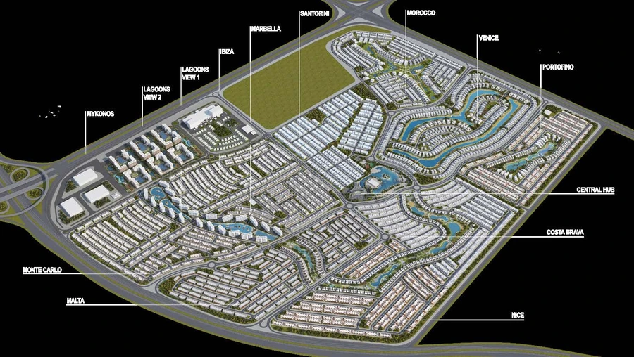 Cluster master plan for DAMAC Sorrento showing the four residential towers around landscaped pools and lagoon-side amenities.