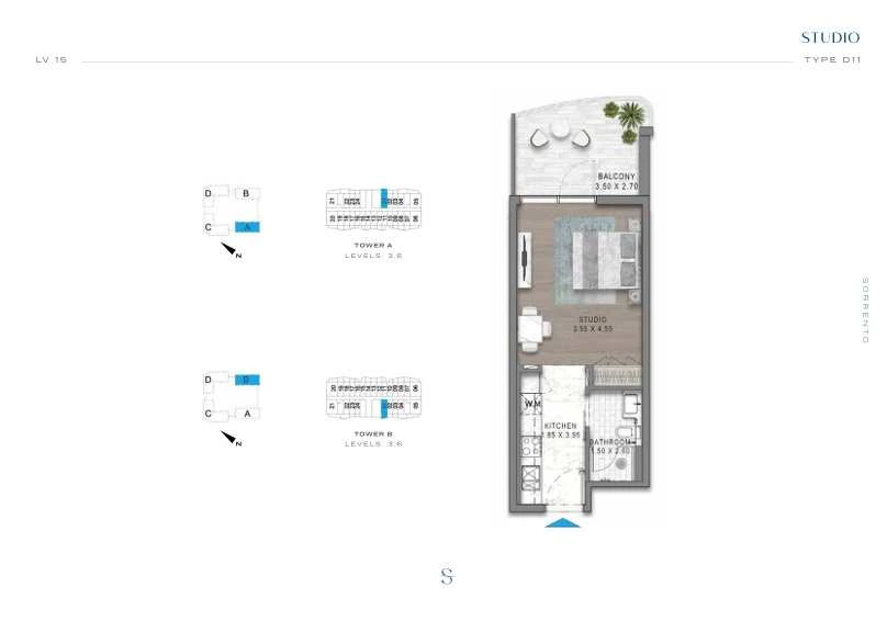 DAMAC Sorrento Studio Type D11 apartment floor plan in Tower B for floors 3 and 6.