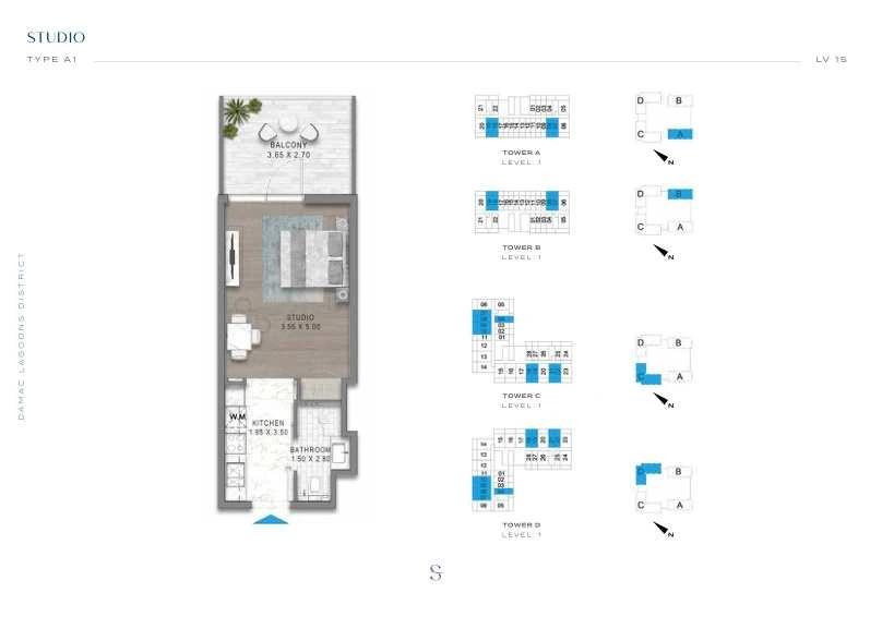 DAMAC Sorrento Studio Type A1 apartment floor plan in Tower D for floor 1.