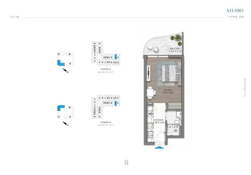 DAMAC Sorrento Studio Type D9 apartment floor plan in Tower C for floors 4 and 7.