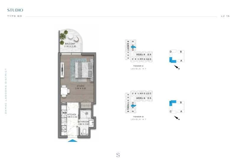 DAMAC Sorrento Studio Type B9 apartment floor plan in Tower C for floors 4 and 7.