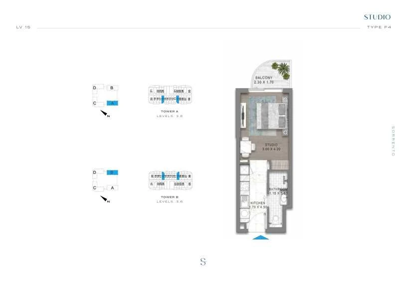 DAMAC Sorrento Studio Type F4 apartment floor plan in Tower A for floors 3 and 6.