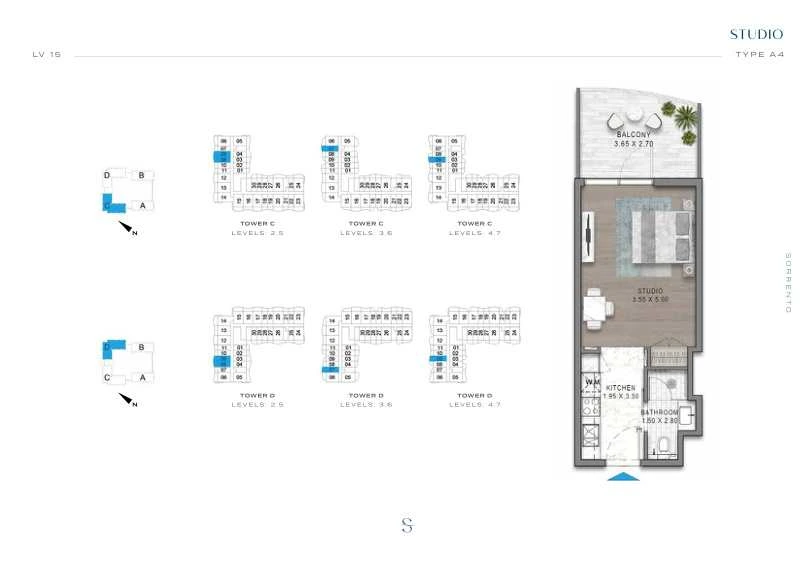 DAMAC Sorrento Studio Type A4 apartment floor plan in Tower D for floors 2, 3, 4, 5, 6 and 7.