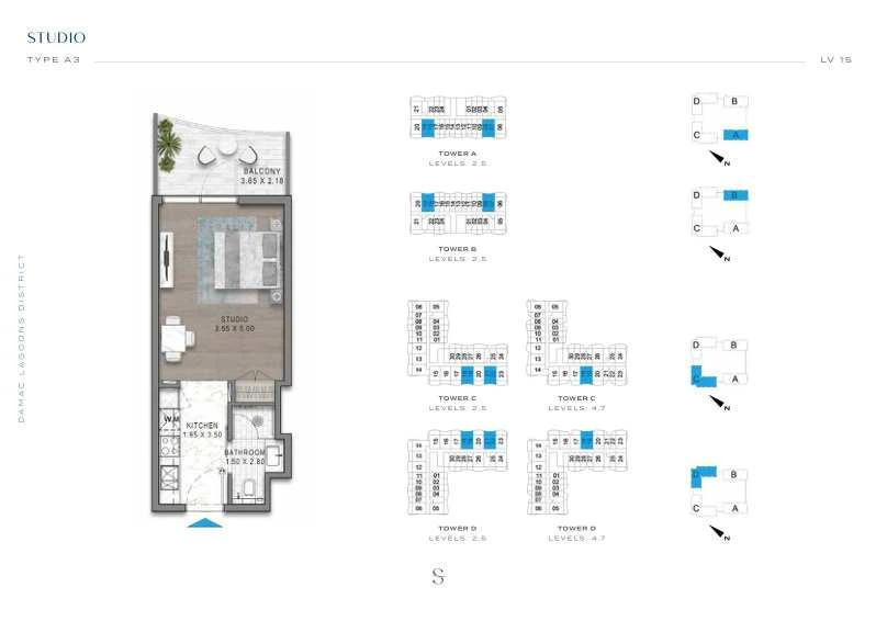 DAMAC Sorrento Studio Type A3 apartment floor plan in Tower C for floors 2, 4, 5 and 7.