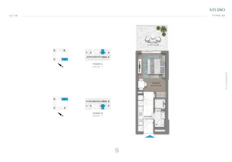 DAMAC Sorrento Studio Type E1 apartment floor plan in Tower A for floor 1.