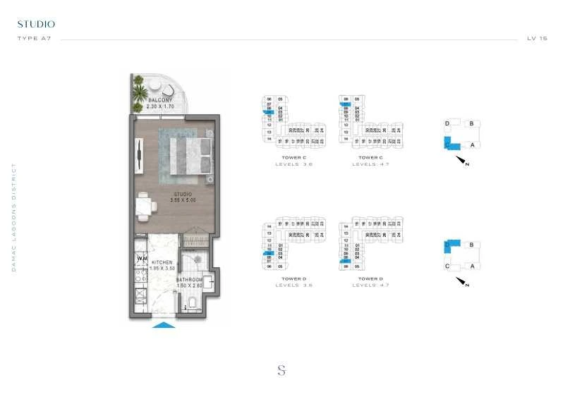 DAMAC Sorrento Studio Type A7 apartment floor plan in Tower D for floors 3, 4, 6 and 7.