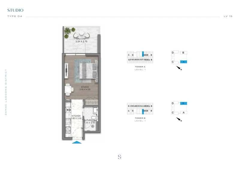 DAMAC Sorrento Studio Type D4 apartment floor plan in Tower A for floor 1.