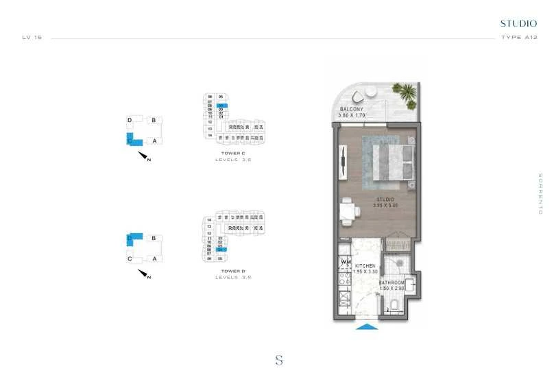 DAMAC Sorrento Studio Type A12 apartment floor plan in Tower C for floors 3 and 6.