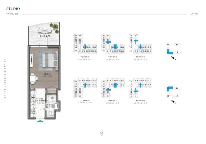 DAMAC Sorrento Studio Type B5 apartment floor plan in Tower D for floors 2, 3, 4, 5, 6 and 7.
