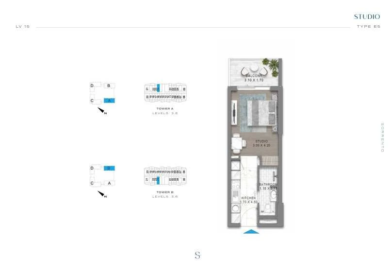 DAMAC Sorrento Studio Type E5 apartment floor plan in Tower A for floors 3 and 6.