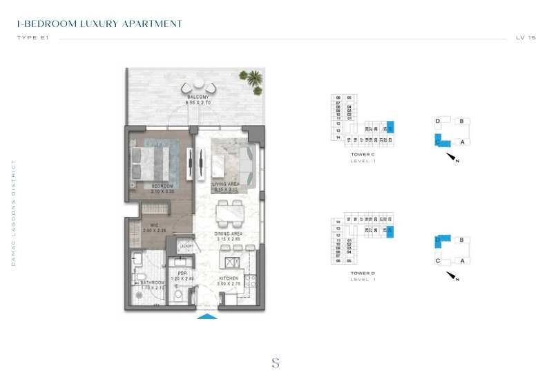 DAMAC Sorrento One Bedroom Type E1 apartment floor plan in Tower C for floor 1.