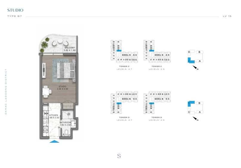 DAMAC Sorrento Studio Type B7 apartment floor plan in Tower D for floors 2, 4, 5 and 7.