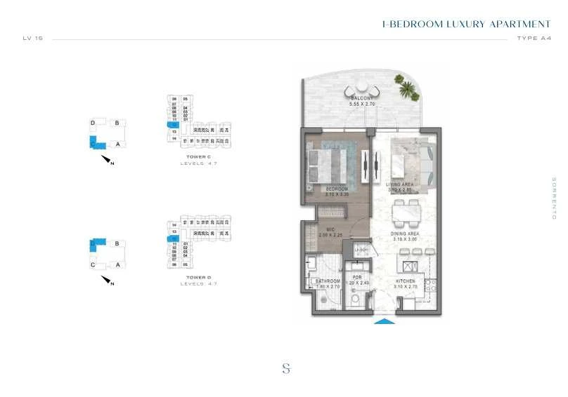 DAMAC Sorrento One Bedroom Type A4 apartment floor plan in Tower D for floors 4 and 7.