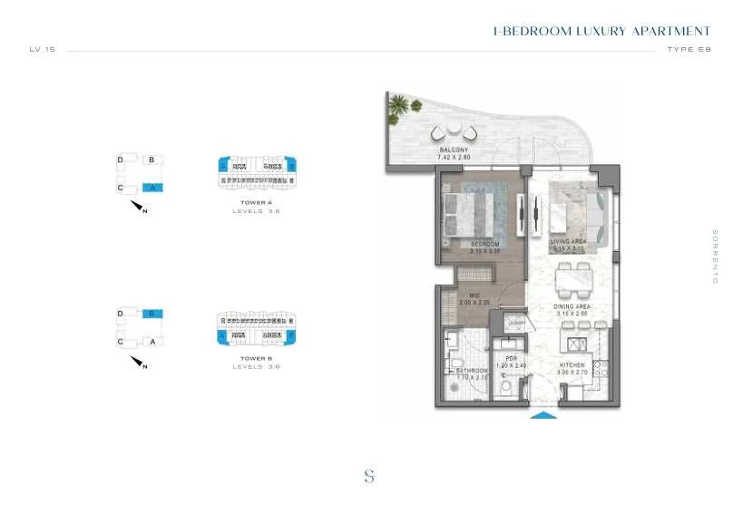 DAMAC Sorrento One Bedroom Type E8 apartment floor plan in Tower A for floors 3 and 6.