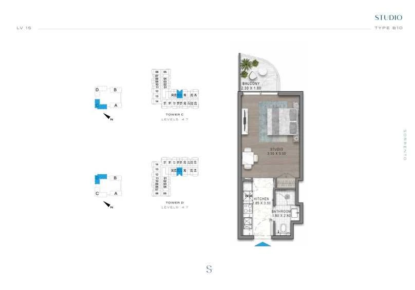 DAMAC Sorrento Studio Type B10 apartment floor plan in Tower C for floors 4 and 7.