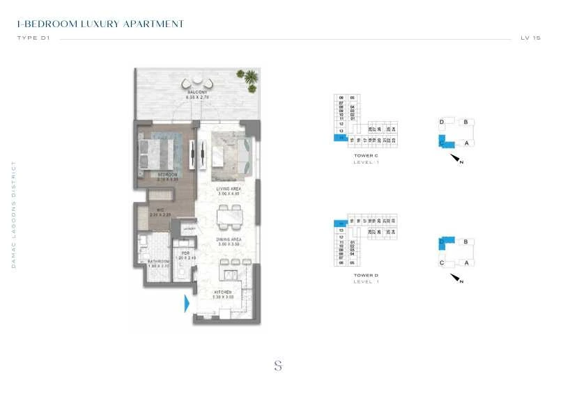 DAMAC Sorrento One Bedroom Type D1 apartment floor plan in Tower D for floor 1.