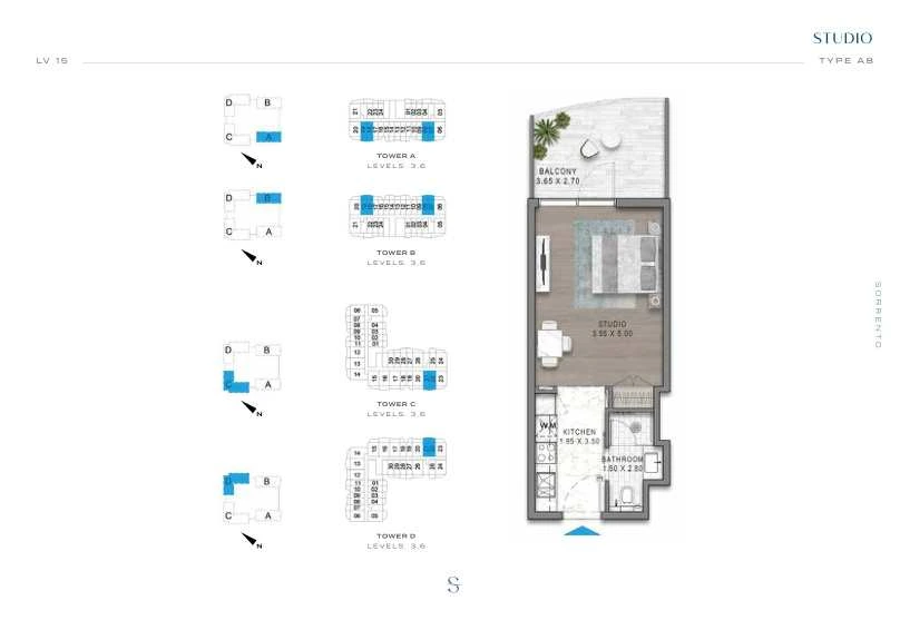 DAMAC Sorrento Studio Type A8 apartment floor plan in Tower B for floors 3 and 6.