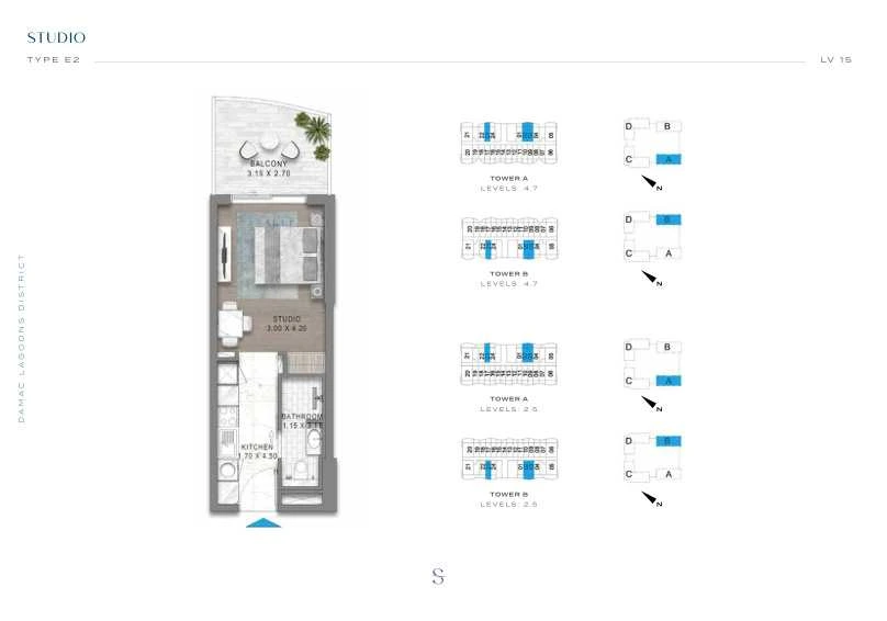 DAMAC Sorrento Studio Type E2 apartment floor plan in Tower B for floors 2, 4, 5 and 7.
