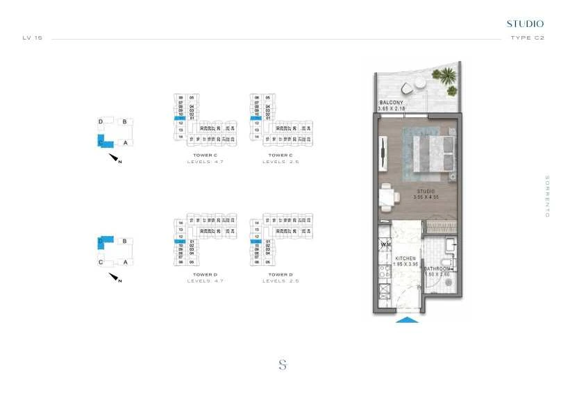 DAMAC Sorrento Studio Type C2 apartment floor plan in Tower D for floors 2, 4, 5 and 7.