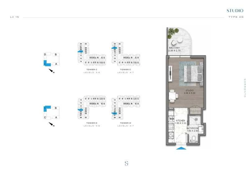 DAMAC Sorrento Studio Type A6 apartment floor plan in Tower C for floors 3, 4, 6 and 7.