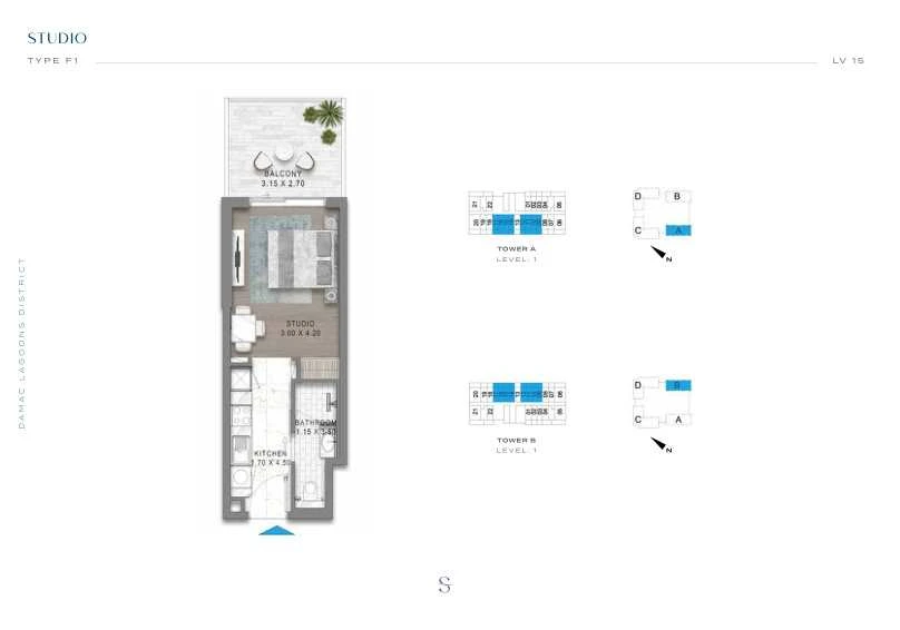 DAMAC Sorrento Studio Type F1 apartment floor plan in Tower B for floor 1.