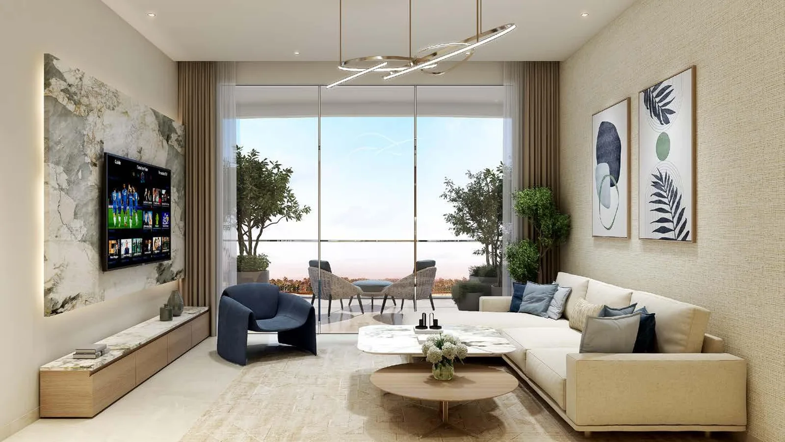DAMAC Sorrento apartment living room with full-height windows and contemporary neutral finishes.
