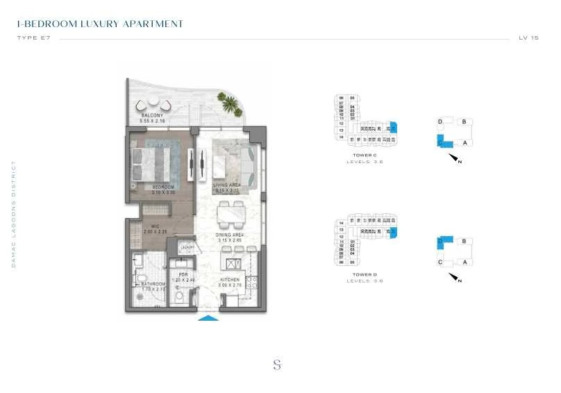 DAMAC Sorrento One Bedroom Type E7 apartment floor plan in Tower D for floors 3 and 6.
