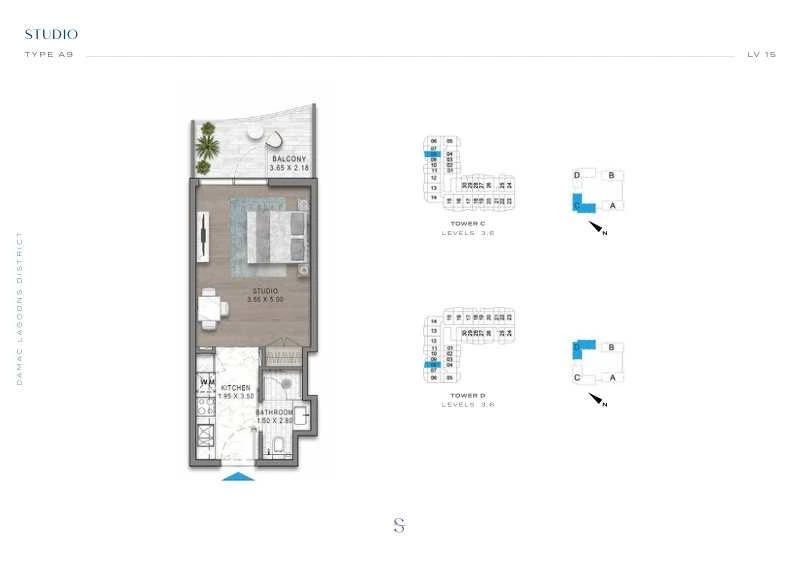 DAMAC Sorrento Studio Type A9 apartment floor plan in Tower C for floors 3 and 6.