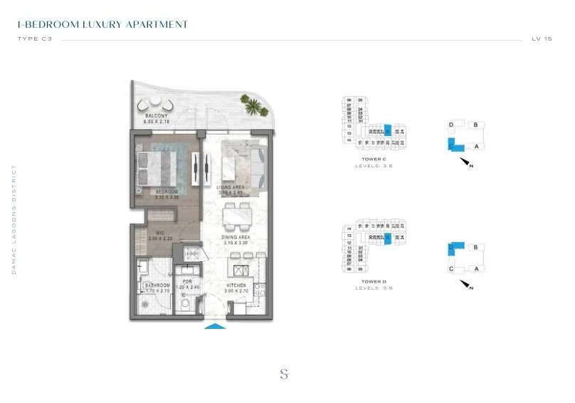 DAMAC Sorrento One Bedroom Type C3 apartment floor plan in Tower C for floors 3 and 6.