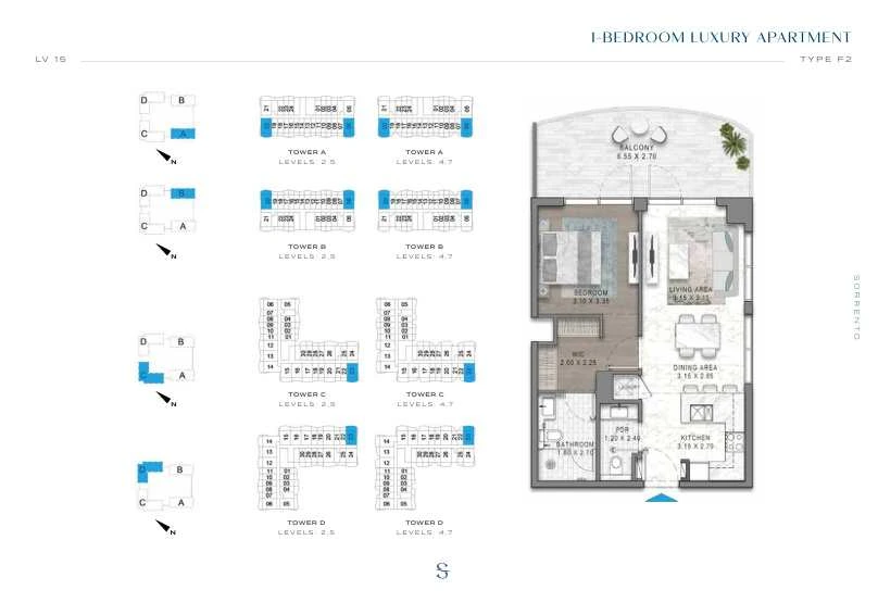DAMAC Sorrento One Bedroom Type F2 apartment floor plan in Tower A for floors 2 and 5.