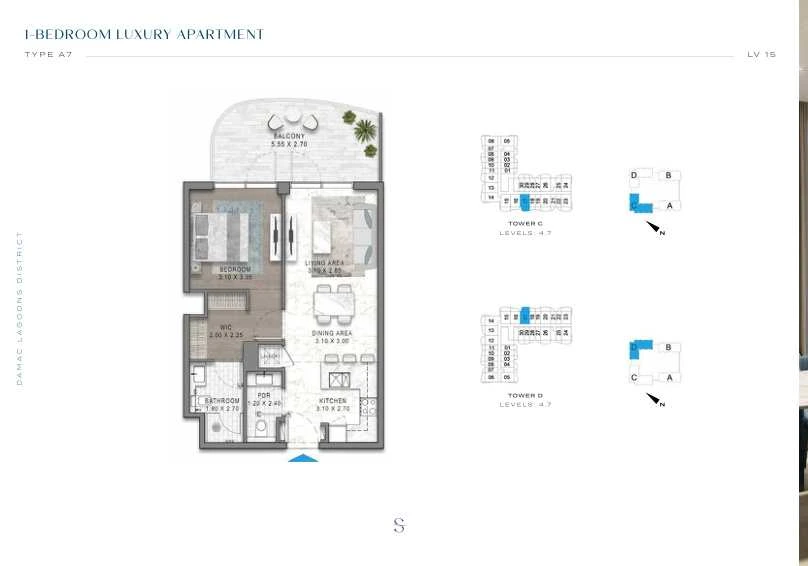 DAMAC Sorrento One Bedroom Type A7 apartment floor plan in Tower C for floors 4 and 7.
