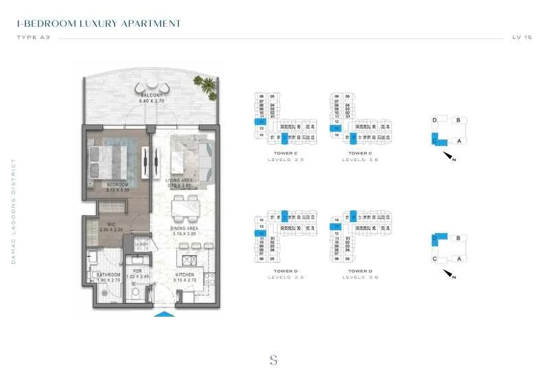 DAMAC Sorrento One Bedroom Type A3 apartment floor plan in Tower D for floors 2, 3, 5 and 6.
