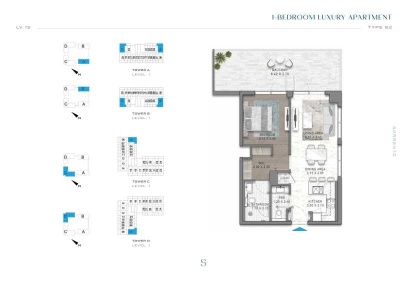 DAMAC Sorrento One Bedroom Type E2 apartment floor plan in Tower A for floor 1.