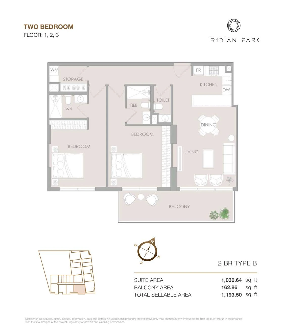 IR1DIAN Park 1 Two Bedroom Type B apartment floor plan for Floors 1, 2 and 3, 1,193.50 sq ft.