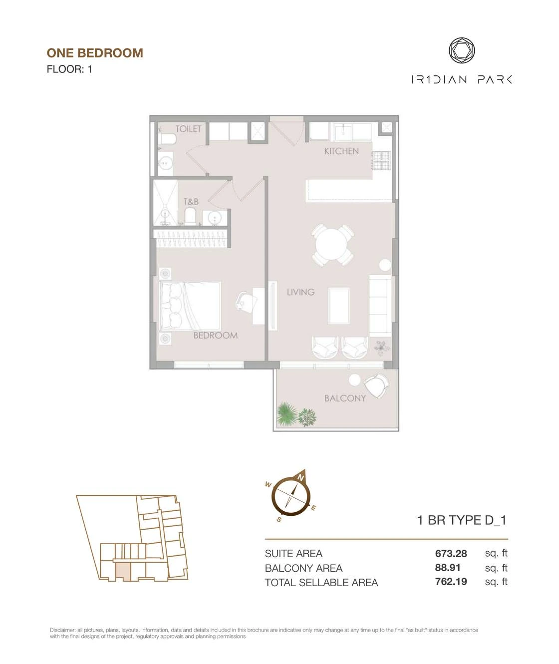 IR1DIAN Park 1 One Bedroom Type D1 apartment floor plan for Floor 1, 762.19 sq ft.