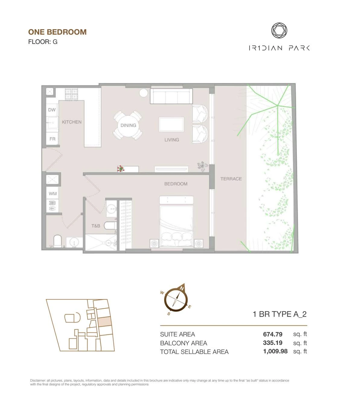 IR1DIAN Park 1 One Bedroom Type A2 apartment floor plan for Ground floor, 1,009.98 sq ft.
