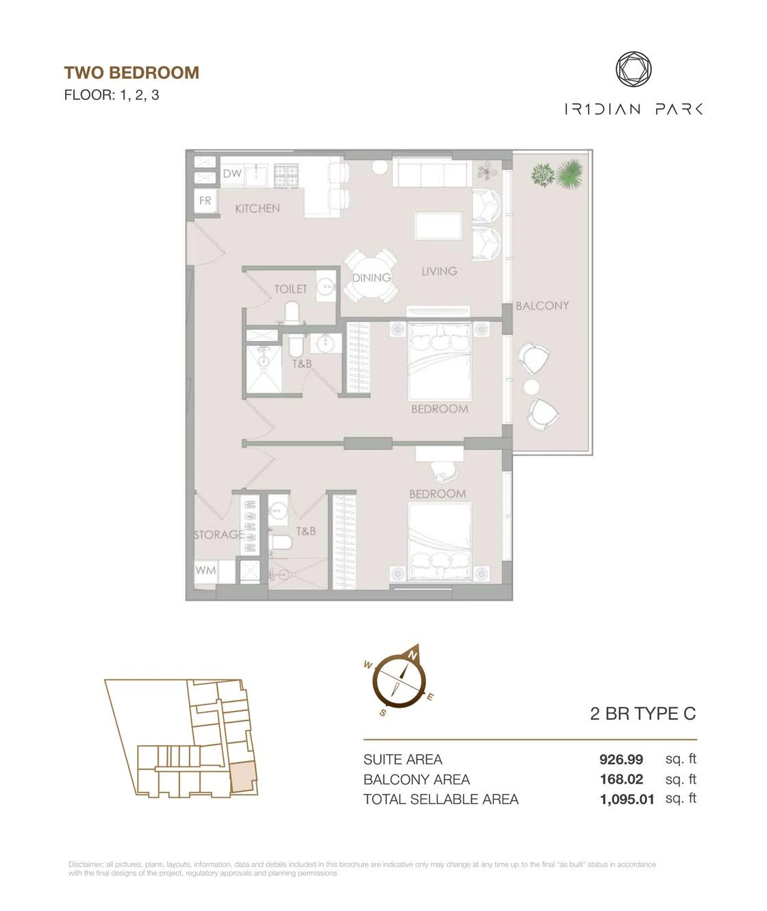 IR1DIAN Park 1 Two Bedroom Type C apartment floor plan for Floors 1, 2 and 3, 1,095.01 sq ft.