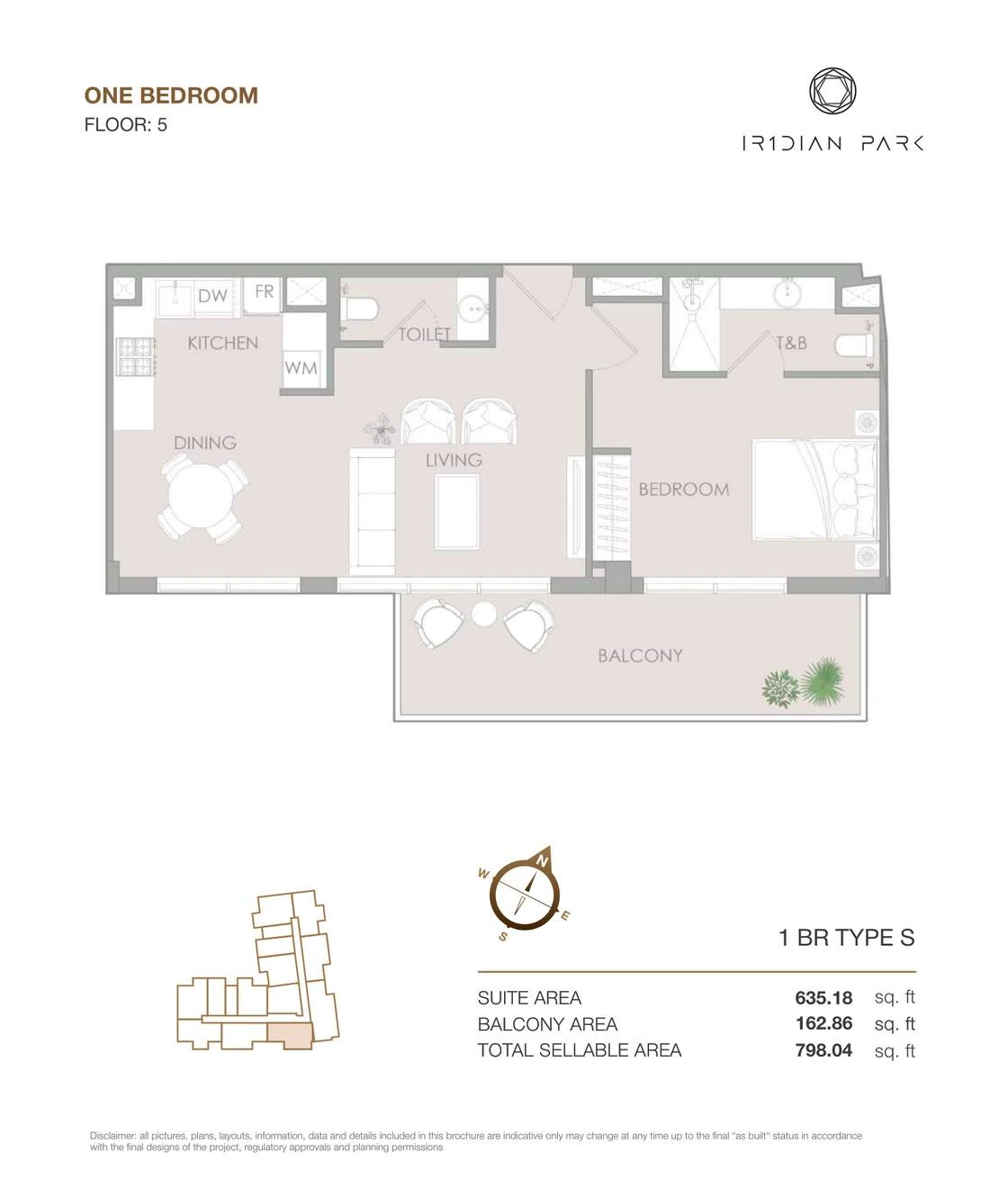 IR1DIAN Park 1 One Bedroom Type S apartment floor plan for Floor 5, 798.04 sq ft.