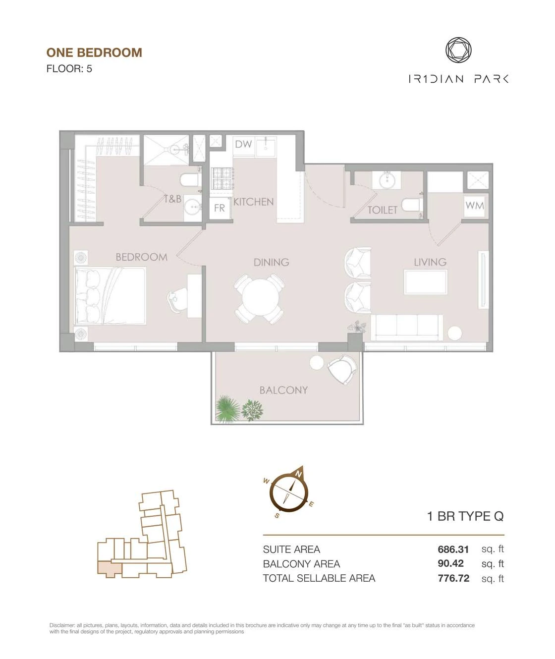 IR1DIAN Park 1 One Bedroom Type Q apartment floor plan for Floor 5, 776.72 sq ft.