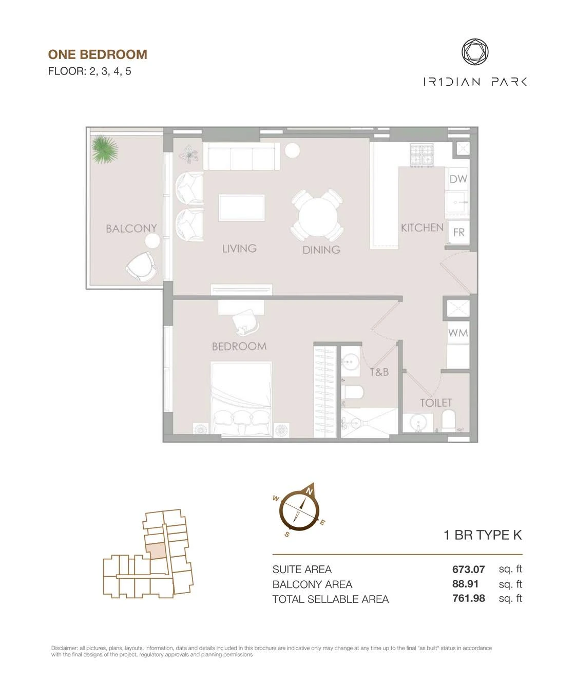 IR1DIAN Park 1 One Bedroom Type K apartment floor plan for Floors 2, 3, 4 and 5, 761.98 sq ft.
