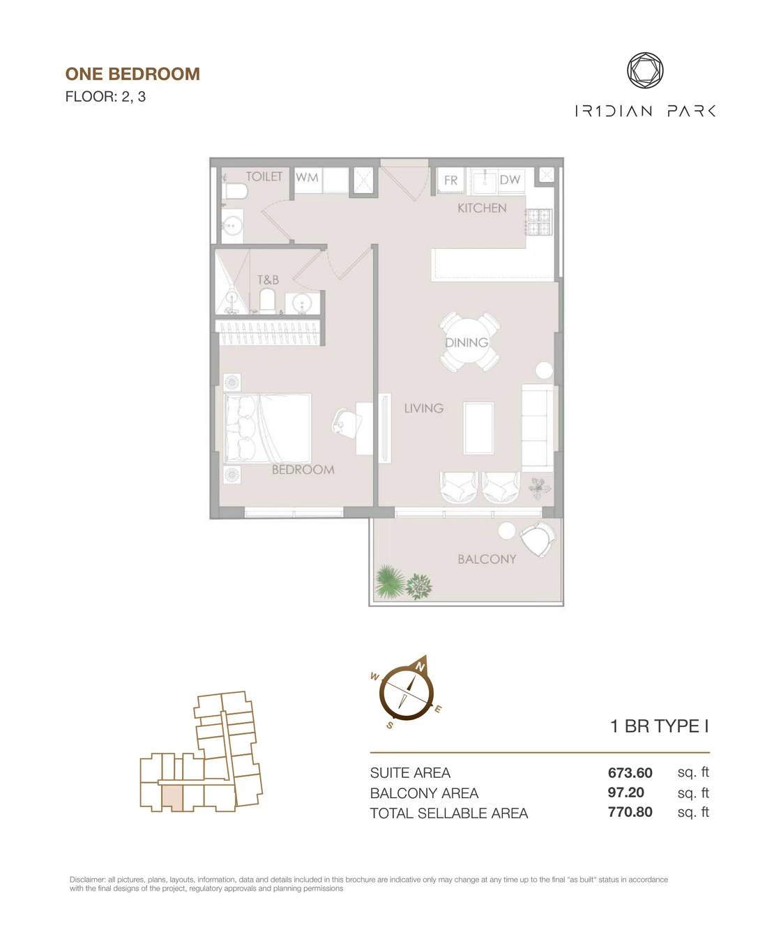 IR1DIAN Park 1 One Bedroom Type I apartment floor plan for Floors 2 and 3, 770.80 sq ft.