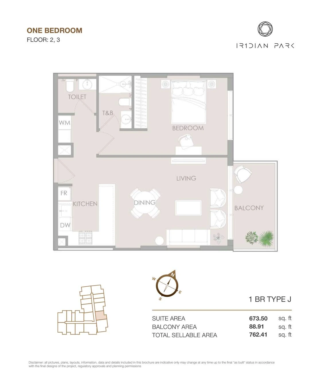 IR1DIAN Park 1 One Bedroom Type J apartment floor plan for Floors 2 and 3, 762.41 sq ft.