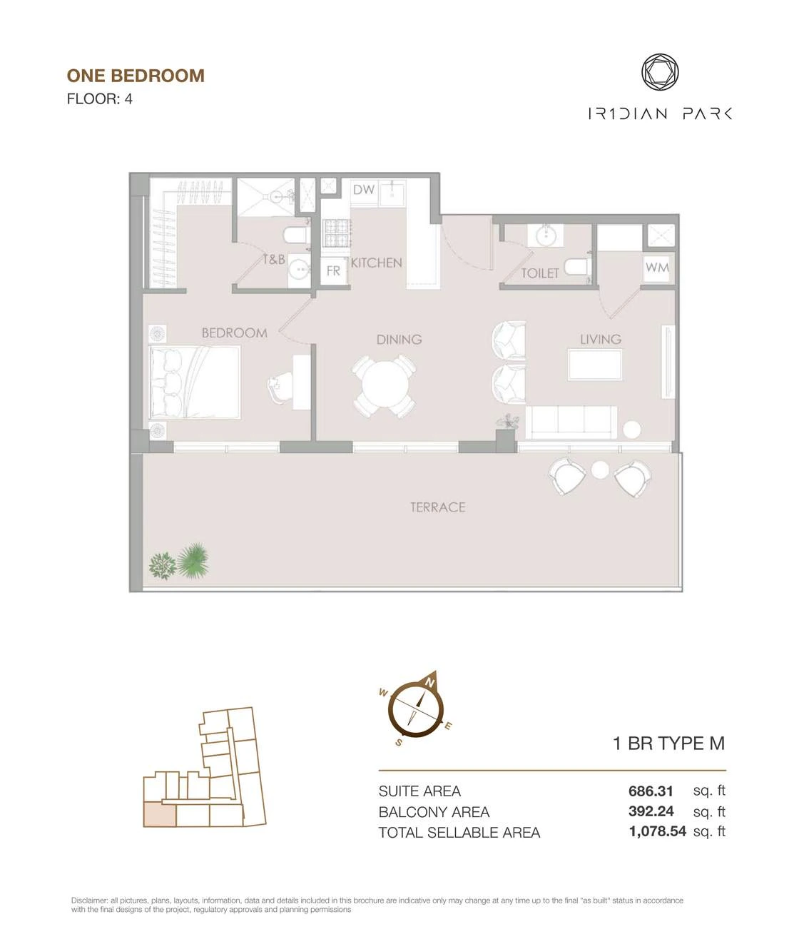 IR1DIAN Park 1 One Bedroom Type M apartment floor plan for Floor 4, 1,078.54 sq ft.