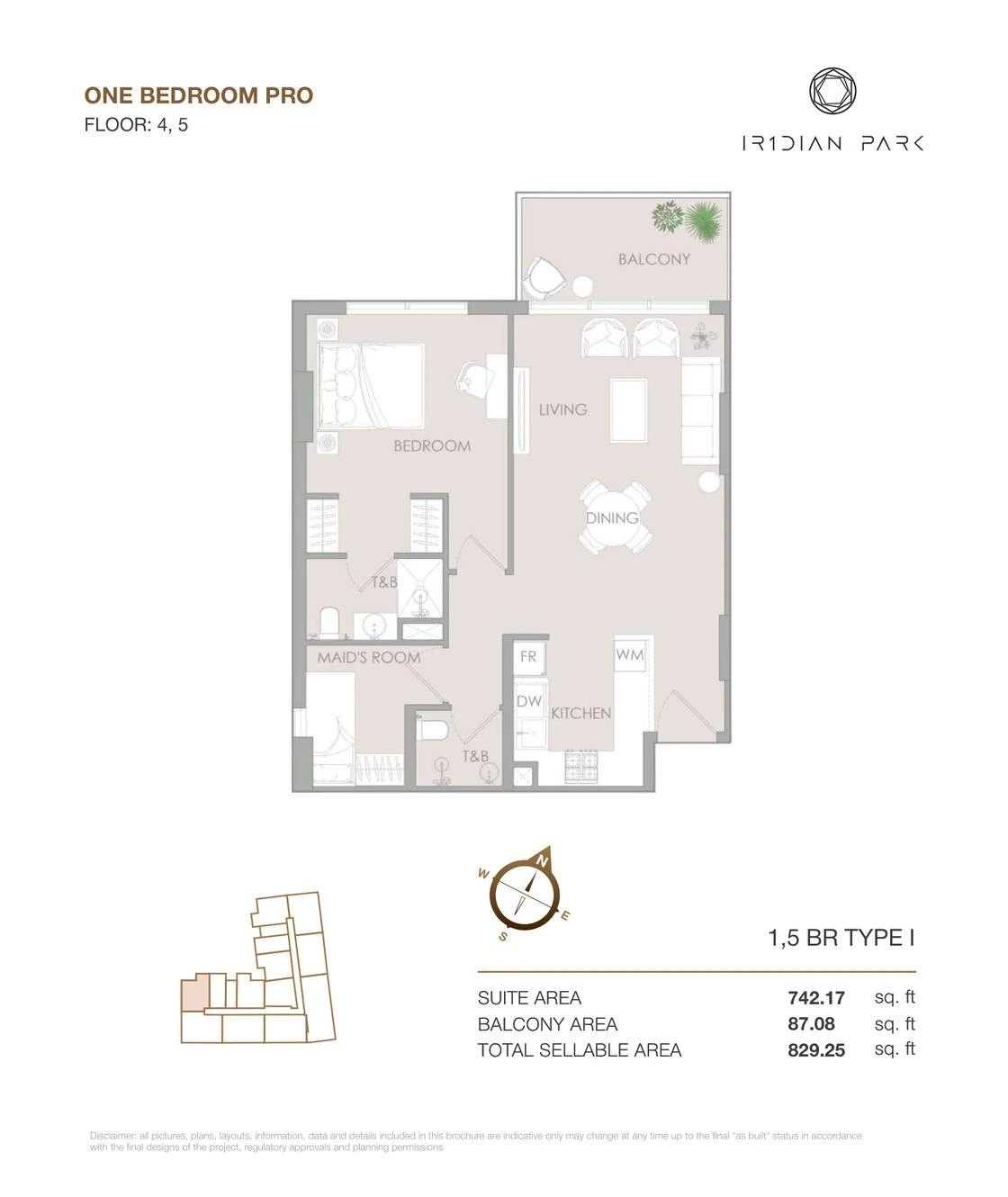 IR1DIAN Park 1 One Bedroom Pro Type I Pro apartment floor plan for Floors 4 and 5, 829.25 sq ft.