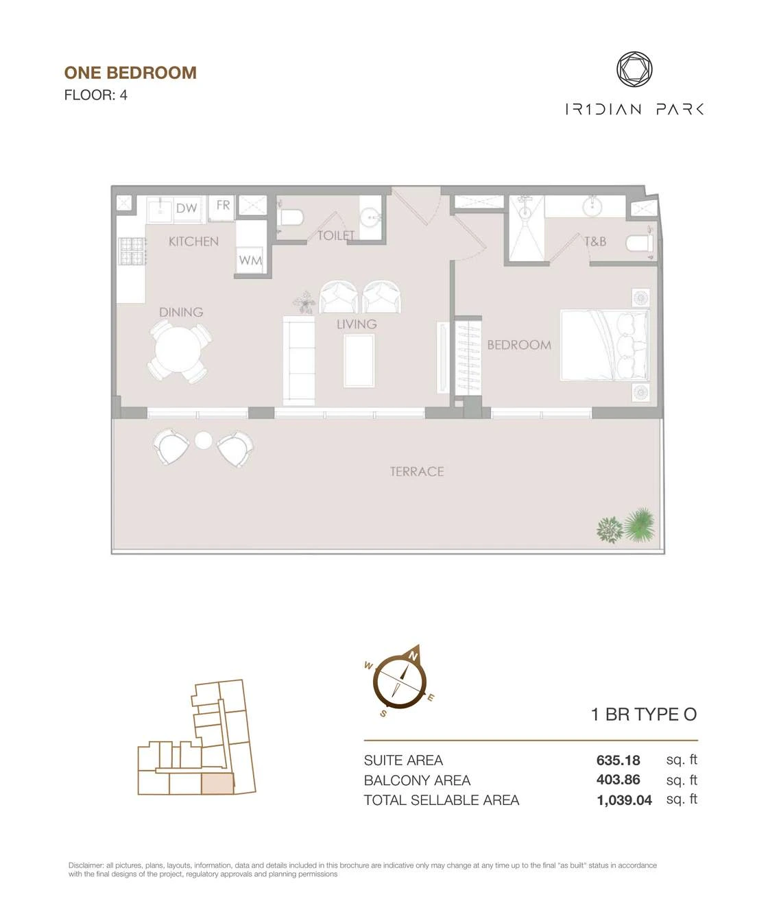 IR1DIAN Park 1 One Bedroom Type O apartment floor plan for Floor 4, 1,039.04 sq ft.