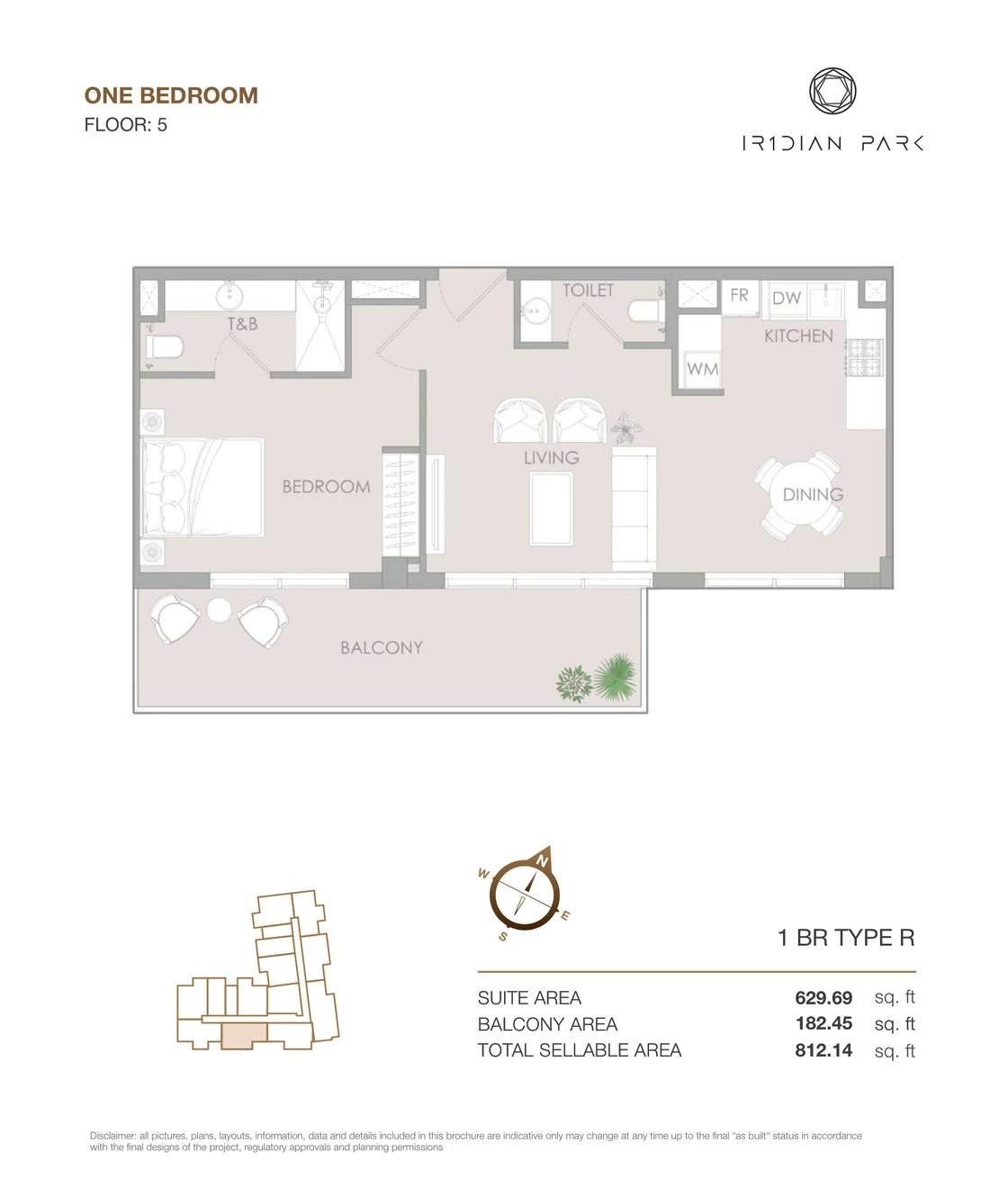 IR1DIAN Park 1 One Bedroom Type R apartment floor plan for Floor 5, 812.14 sq ft.