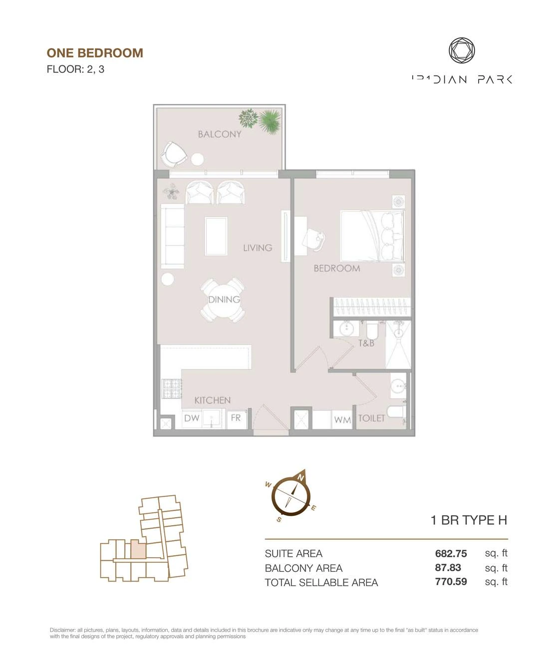 IR1DIAN Park 1 One Bedroom Type H apartment floor plan for Floors 2 and 3, 770.59 sq ft.